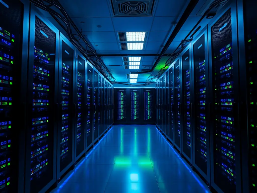 An image of a server room with glowing lights and data streams, symbolizing the deployment of AI systems and secure data management.