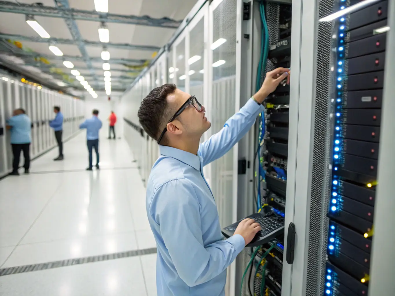 A photo of a technician configuring AI servers in a secure data center, symbolizing InDigital Canvas's AI system deployment service.