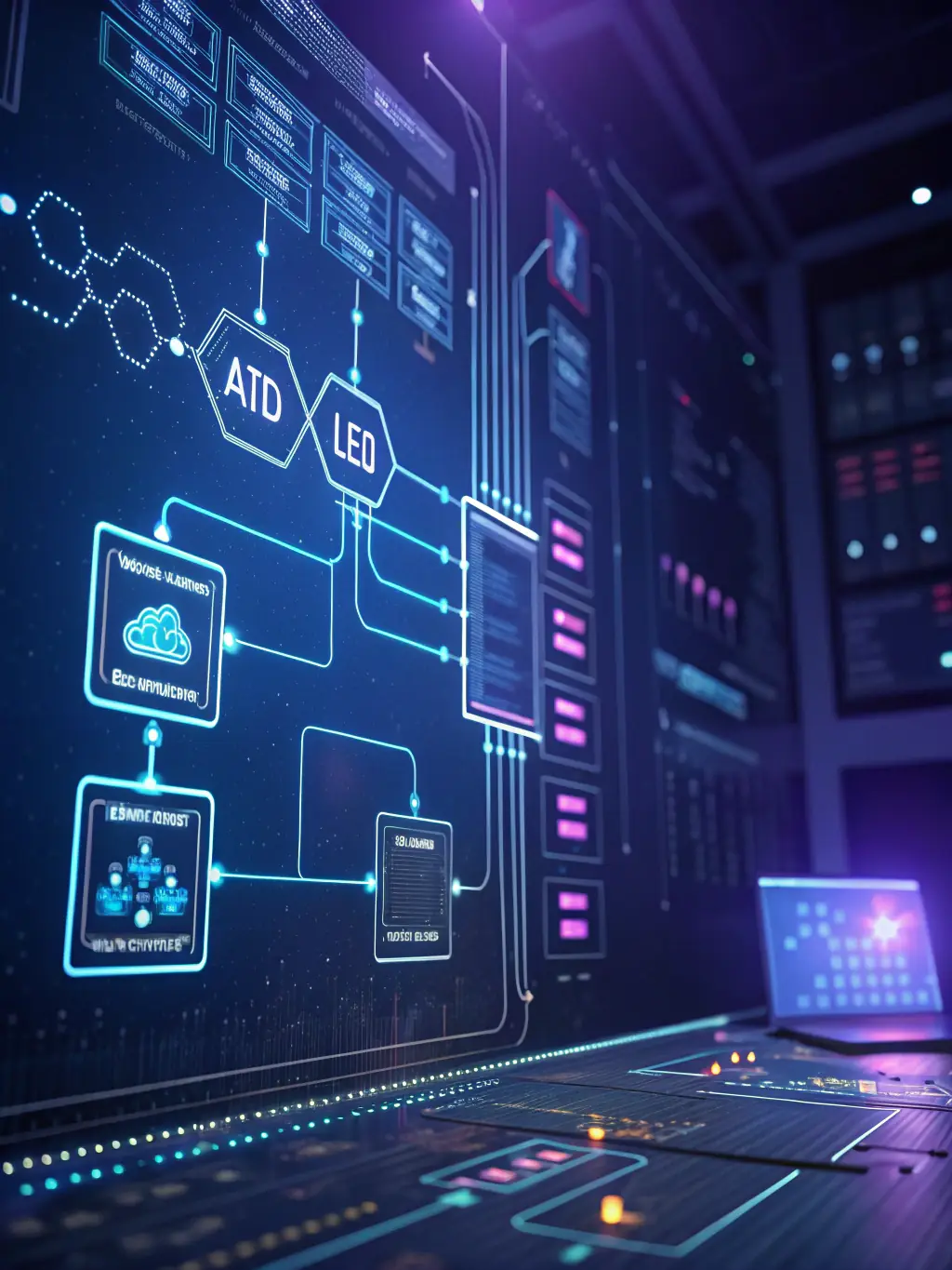 A stylized image showing the redesign of a workflow diagram with AI icons and connecting lines, symbolizing the optimization and automation of tasks by InDigital Canvas.